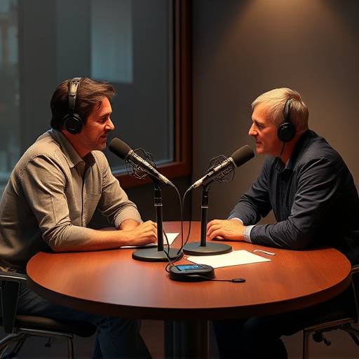 Podcast recording of an interview with two people sitting at a table with microphones