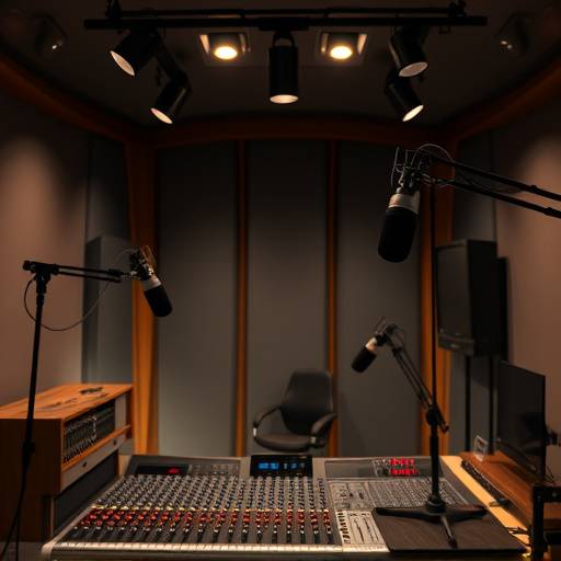 Recording equipment in Aurora Sound Studios, featuring microphones and a mixing board